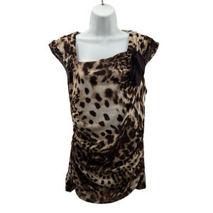 Y2K NY & Co Ruched leopard print Mesh tank top with bow Sz Medium 2000s Mcbling